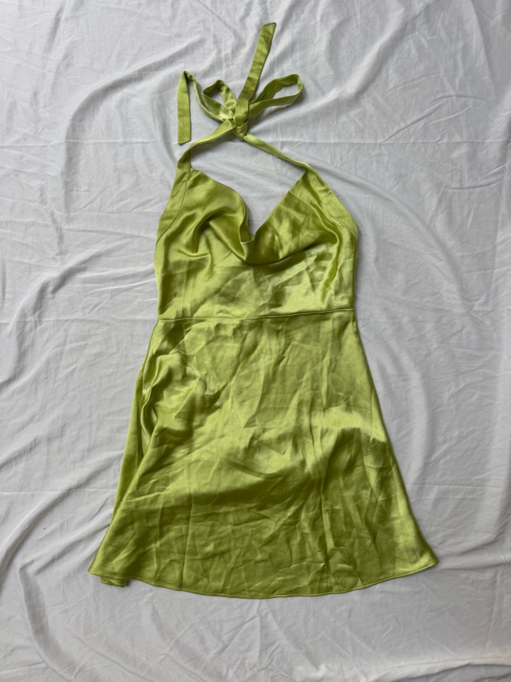 Beginning Boutique Lime Green Satin Halter Mini Dress